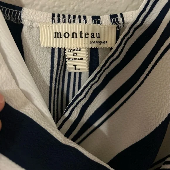 Monteau Black White Striped Faux Wrap V-Neck Sleeveless Dress Women’s Size Large - Picture 2 of 4